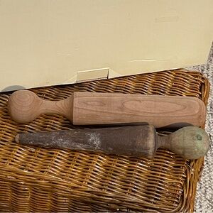 Vintage Solid Wood Kitchen Pestle or Masher Set Old Worn Patina